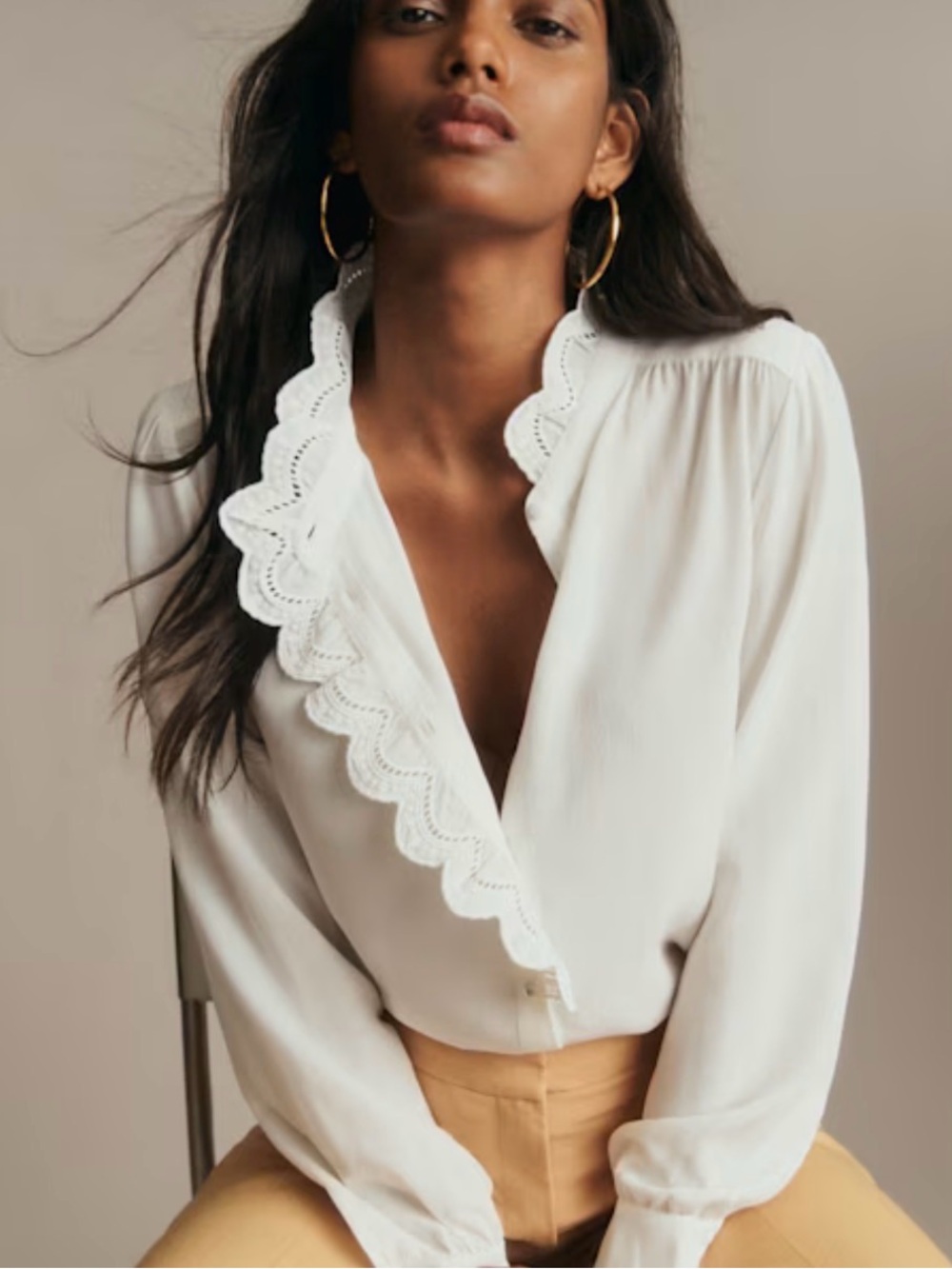 Sézane Chlo Shirt Ecru White 100% Silk Ruffle Blouse FR 34 US 2
